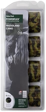 OVIK Health PowerFlex Equine – Extra Strong Self-Adhering Bandage Wrap – Wound Care, Compression & Support Bandage for Horses, Cows & Dogs – Woodland Camo, 4 inch, 4 Rolls (Resealable Case)