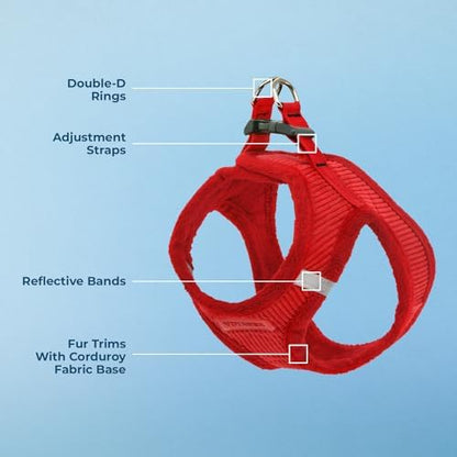 Best Pet Supplies - All Weather Mesh/Plush, Reflective, No Pull Harness for Small, Medium Dogs, Cats - Secure with Hook & Loop Fastener, Buckle, Double D-Rings - Red Corduroy, S