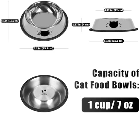 Serentive 2 Pcs Non-Slip Stainless Steel Small Cat Food Bowls - Unbreakable, Thicken 7 Oz Cat Dishes - Indoor, Removable Rubber Base, Easily Clean, Lovely Color
