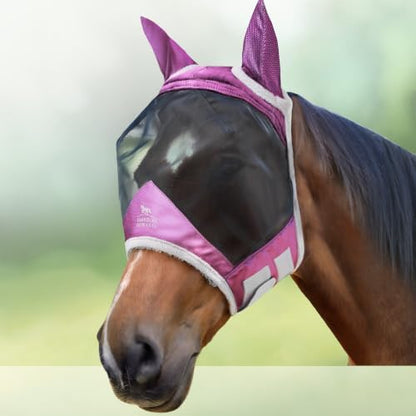 Harrison Howard CareMaster Pro Luminous Horse Fly Mask Large Eye Space Standard with Ears UV Protection for Horse Dark Magenta XL Extra Full