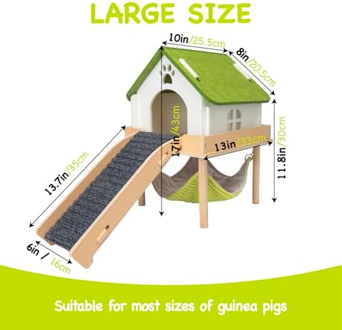 BESNEW 3 in 1 Enlarged Guinea Pig Hammock,Wooden Guinea Pig Hideout with House & Platform & Stairs Small Animal Toys for Hiding Sleeping Activities