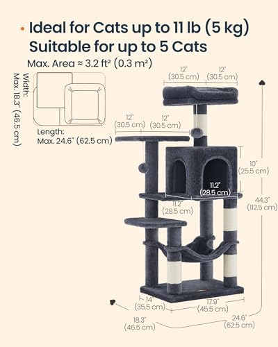 SONGMICS HOME Cat Tree for Indoor Cats, Multi-Level Tower Condo with Sisal Scratching Posts, Hammock and Condo, Dark Gray