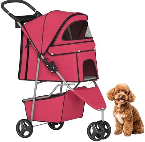 BestPet | 3-Wheel Pet Stroller | Red | Foldable Dog and Cat Stroller