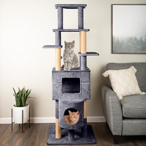 68” Tall Cat Tree Tower - Cat Tower with 2 Kitten Condos, Climbing Perches, 8 Jute Rope Scratching Posts, and Hanging Toy - Multi-Level Kitten Tree and Climbing Activity Furniture by PETMAKER (Gray)