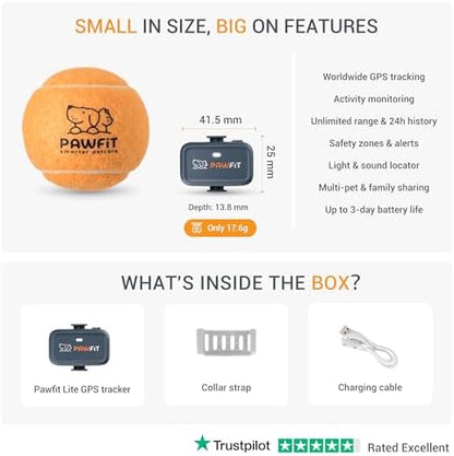 Pawfit Lite 4G GPS Dog Tracker, Live Tracking, Ultra-Light, Charcoal Grey