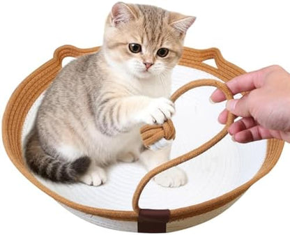 Instinct Basket,Stimulicat Cat Bed,Stimulicat Cat Bed Rope Cotton with Cushion,Eliminates Bed Rejection Round Pet Basket,Boho Catbed for Cats Handwoven Scratchable Breathable Weave (White, Large)