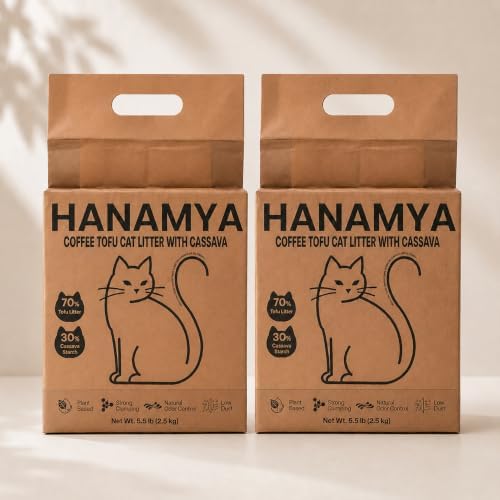 HANAMYA Tofu & Cassava Cat Litter with Recycled Coffee Grounds, Natural Odor Control, Low Dust & Strong Clumping, 5.5 lb, 2 PK