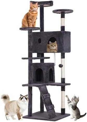 BestOffice 70 Inch Cat Tree, Multi-Level Cat Tower with Condo, Perches, Sisal Scratching Posts, Climbing Ladder,Indoor Activity Center Play House for Kittens & Adult Cats, Ashy
