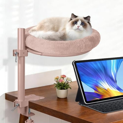Cat Desk Bed,Steel Cat Bed for Desk,Up and Down Available,360° Rotating, Shelf Height Adjustable, Desktop Attachment Cats Nest Perch Hammock for Office Game Tables, Supports 40lb（Brown）