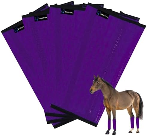 FOXLVDA Horse Fly Boots - Fly Boots for Horses Set of 4, Comfortable Breathable Mesh Equine Leg Leggings, Adjustable & UV Protective with Support Bars for Reduce Stomping & Leg Fatigue (Purple, Large)