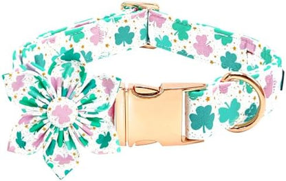 St Patrick's Day Dog Collar with Flower-Cute Trefoil Adjustable Pet Collar Cotton Clovers Puppy Collars Holiday Metal Buckle Collar for Medium Dogs