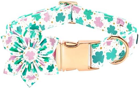 St Patrick's Day Dog Collar with Flower-Cute Trefoil Adjustable Pet Collar Cotton Clovers Puppy Collars Holiday Metal Buckle Collar for Medium Dogs