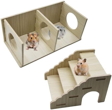 2-Chamber Hamster Tunnel & Wooden Climbing Ladder Bridge，Wooden Hamster Hideout with Ladder for Dwarf Syrian Hamsters Gerbils Mice or Other Small Pets