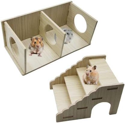 2-Chamber Hamster Tunnel & Wooden Climbing Ladder Bridge，Wooden Hamster Hideout with Ladder for Dwarf Syrian Hamsters Gerbils Mice or Other Small Pets