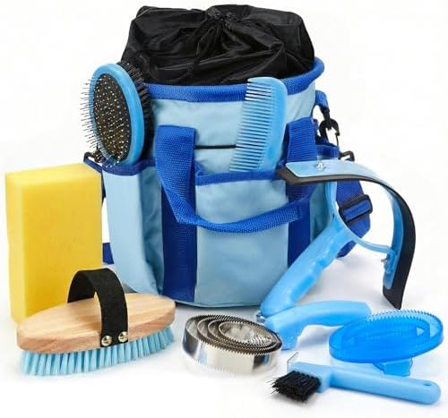 Cunhill 9 Pcs Horse Grooming Kit Tack Room Supplies, Classic, Light Blue