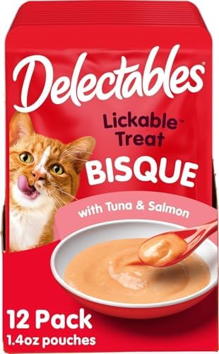 Delectables Lickable Treat Bisque Wet Cat Treat with Real Tuna & Salmon, Food Topper, Hydrating, Grain-Free, No Fillers, No By-Products, No Added Preservatives, 1.4oz Pouch, 12ct