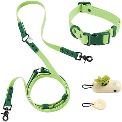 Medium Luna 8FT Adjustable 6-in-1 Waterproof Hands-Free Leash and Collar Set with LED Flashlight, Waste Bag Dispenser, and Poop Bag Holder, Green, Mojito WLK1005B-5SET