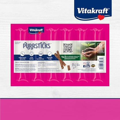 Vitakraft PurrSticks for Cats - Nutritious & Healthy Soft Cat Treats - Gently Oven Roasted Meat Sticks for Cats w/ 70% Meat - Easy-to-Serve Cat Chew Sticks (Salmon, 60 Pack)