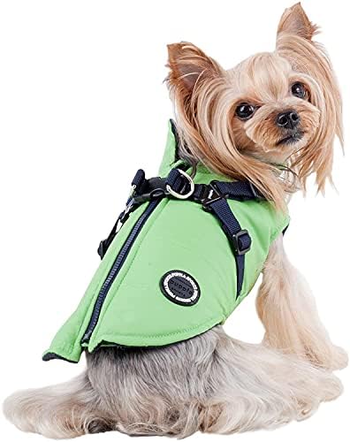 Puppia Mountaineer Winter Dog Coat with integrated harness No Pull Cold Weather Waterproof Warm Fleece Back Zipper for Small & Medium Dog, GREEN, X-Large