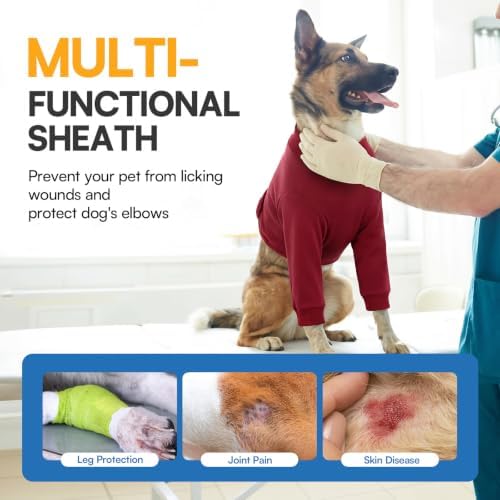 Queenmore Dog Leg Sleeve to Stop Licking, Alternative to Cone of Shame, After Surgery Dog Elbow Protector with Magic Tapes, Recovery Suit for Dogs, Burgundy, S