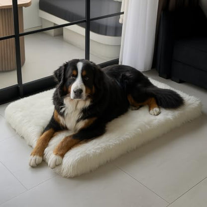 Faux Fur Orthopedic Rectangular Dog Bed, Memory Foam, White XLarge 47"x29"