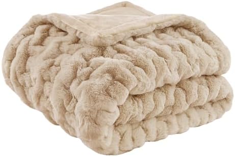 Madison Park Ruched Fur Throw Faux Fur Blanket for Sofa, 50" x 60", Tan