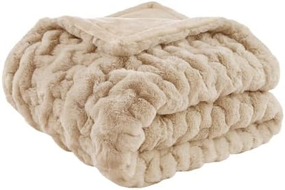 Madison Park Ruched Fur Throw Faux Fur Blanket for Sofa, 50" x 60", Tan