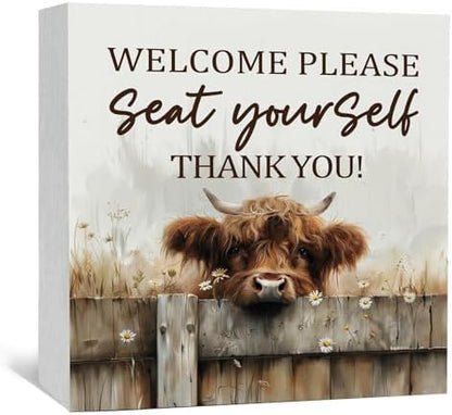 Highland Cow Bathroom Decor Sign - Farmhouse Western Animal Bathroom Decor,Rustic Farm Animal Welcome Please Seat Yourself Thank You Signs,Highland Cow Gifts for Women Signs & Plaques