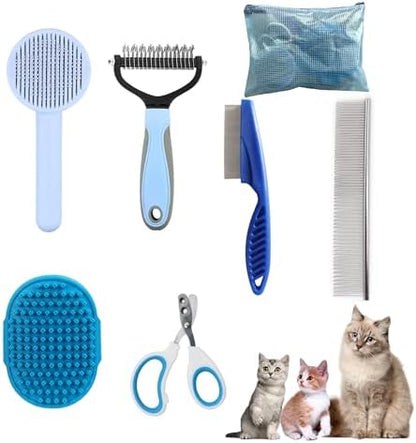 Cat Grooming Brush Kit 6 Tools - Deshedding & Dematting for Long/Short Hair, Self-Cleaning Slicker Brush with 6-in-1 Flea Comb for Cats & Kittens (Blue)