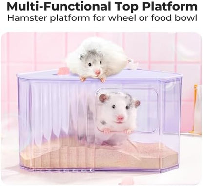 mini&moe Hamster Sand Bath Container - Small Animal Bathroom Shower Room Large Space Corner Digging Box with Cleaning Scoop Rat Dust Bath House for Guinea Pig, Hedgehog, Gerbil
