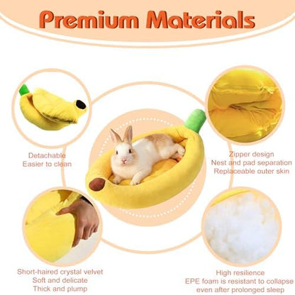 Rabbit Bed Warm Small Dog Cat Sleeping Carrot Banana Beds Bunny Bed Guinea Pig Hideout Bed Thick Soft with Removable Mat,Machine Washable Guinea Pig Cushion (Banana（18.5 * 11.02 * 3.94）)