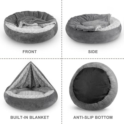 JOEJOY Small Dog Bed Cat Bed with Hooded Blanket, Cozy Cuddler Luxury Puppy Pet Bed, Donut Round Calming Anti-Anxiety Dog Burrow Cave Bed - Anti-Slip Bottom and Machine Washable 26 inch