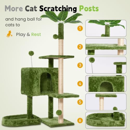 52inch Large Cat Tree Tower Condo with Hammock for Indoor Cats, Soft Plush Multi-Level Climbing Tree Cat House with Cat Cave, Scratching Post, Sisal Rope, Green