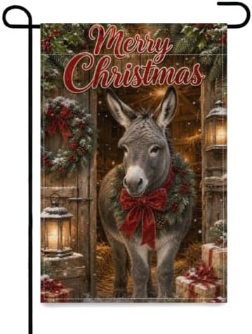 Christmas Donkey Garden Flag 12x18 Inch Merry Holiday Wreath Bow Lantern Gifts Snowy Barn Rustic Farmhouse Outdoor Yard Lawn Porch Double Sided Banner Winter Welcome Decor