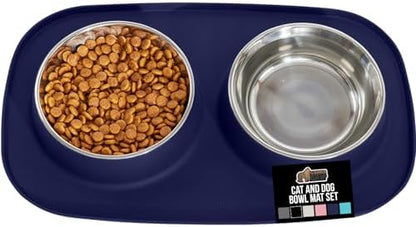 GORILLA GRIP Dog Bowl Set with Feeding Mat, 304 Stainless Steel, 3 Cup Navy