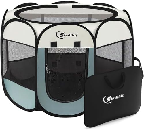 Siedihit Dog Playpen, Puppy Pet Playpen, Medium Dogs Tent Crates Cage Indoor/Outdoor, Portable Pop Up Dog Kennel Playpen with Carrying Case for Dogs/Cats/Rabbits, Removable Zipper Top, Grey