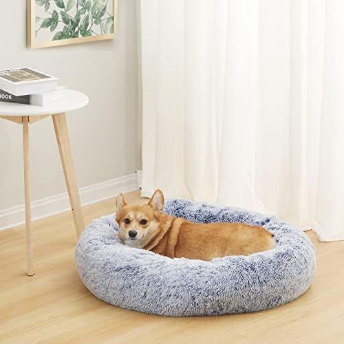 Bedfolks Calming Fluffy Donut Dog Bed for Medium Dogs,Navy Blue, 30" Round