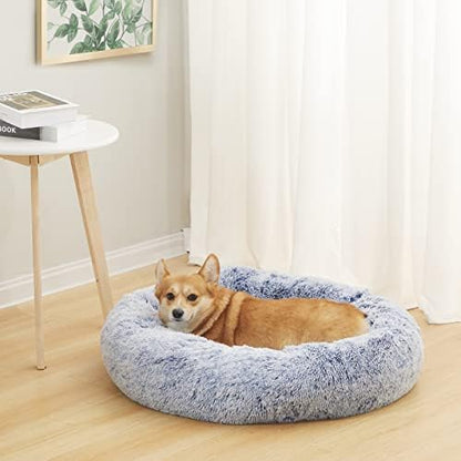 Bedfolks Calming Fluffy Donut Dog Bed for Medium Dogs,Navy Blue, 30" Round