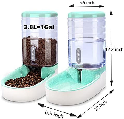 Meikuler Automatic Dog Cat Feeder and Water Dispenser Set,Waterer and Gravity Food Feeder for Small & Medium Dogs Cats Puppies,Large Capacity 1 Gallon x 2 (Green)