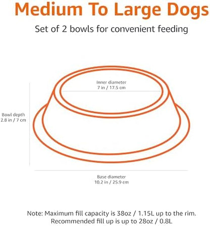 Amazon Basics Stainless Steel Non-Skid Dog Water And Food Bowls, Dishwasher Safe, Rust Resistant, 38oz Capacity, 10 x 2.8 Inches, 2-Pack