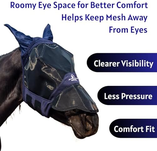 Horse Fly Mask with Ears and Extended Nose, Large Eye Space for Comfort, UV Protective Mesh Horse Mask with Shaped Nose and Upgraded Hook and Loop Fastener (Dark Navy Blue, Cob (Medium))