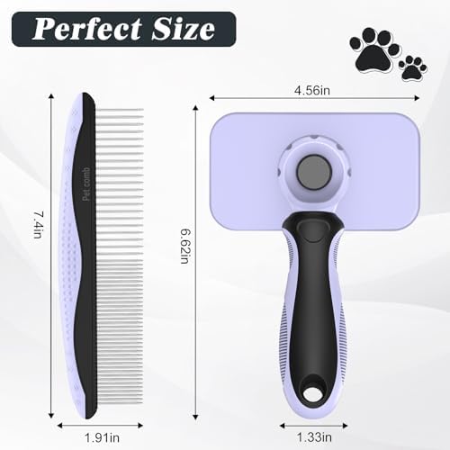 2PCS Self Cleaning Slicker Brush & Dog Comb - Skin Friendly Deshedding Grooming Tool for Dogs, Cats and Small Animals, Professional Deshedding Tool for Long and Short Haired Pets (Light Purple)