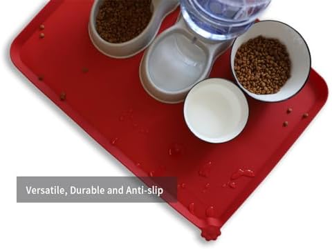 Hoki Found X-Large Silicone Non Slip Pet Feeding Mats - Waterproof Dog Cat Food Mats for Carpet - Classic Red