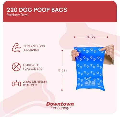 Downtown Pet Supply Poop Bags for Dogs with Dispenser, 220 Count - Leak-Proof Dog Waste Bags and Bone-Shaped Dog Poop Bags Holder for Leash - Rainbow with Paw Prints, 12.5" x 8.5"