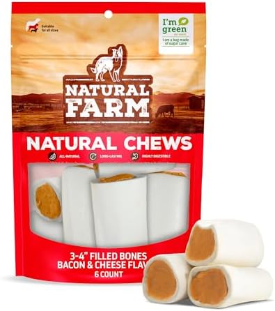 Natural Farm Bacon & Cheese Filled Bones (3-4 Inch, 6 Pack), Limited Ingredient, Natural Stuffed Dental Dog Bone Treats for Dogs, Made with Real Beef