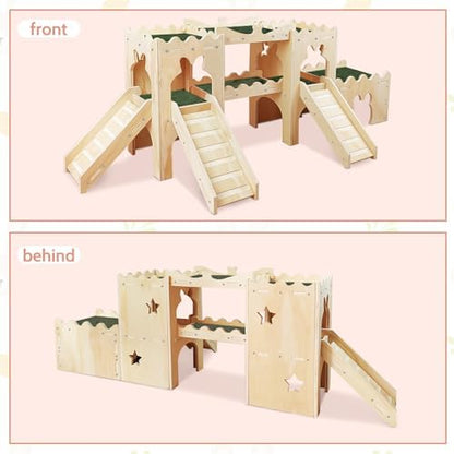 Extra Large Wooden Rabbit Castle Hideaway Tunnel and Bed Small Animal Hideaway Hut Solid Safe Construction Play Hideaway Hut for Rabbit Guinea Pig Chinchilla