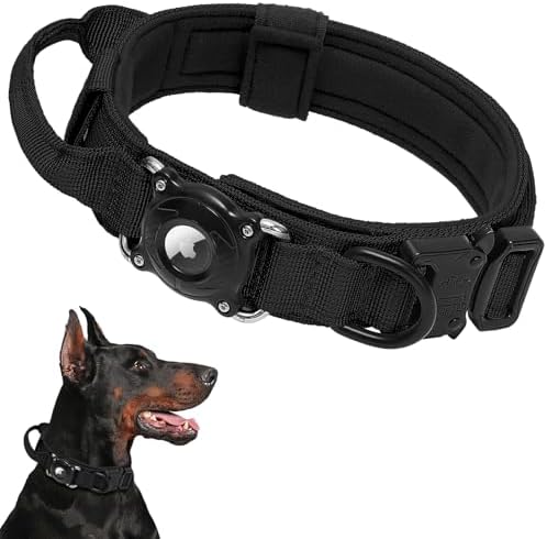 Waterproof AirTag Dog Collar with QR ID Tag, Tactical Military Dog Collar with Built-in AirTag Holder, Heavy Duty Metal Buckle & Control Handle, Training GPS Tracker Collar for Large Dogs(Black,XL)