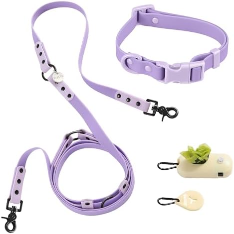 WLK1004H-5SET Luna Small 8FT Adjustable 6-in-1 Waterproof Hands-Free Leash and Collar with LED Flashlight, Bag Dispenser, and Poop Bag Holder, Bramble