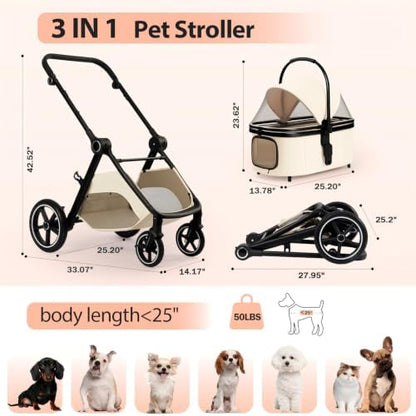 3 in 1 Pet Stroller for Small Medium Dogs,Luxury Dog Stroller with Reversible & Height-Adjustable Handle,Washable Pad&Liner,Rubber Wheels,for Puppy,Senior Pets,Outdoor,Shopping&Vet Visits (Beige)