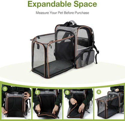 Cat Carrier Backpack, Expandable Pet Carrier with Sun Shade & Full Front Opening, Breathable Mesh Backpack for Small Dogs & Medium Cats Up to 18 Lbs, Foldable for Hiking, Camping (Grey)